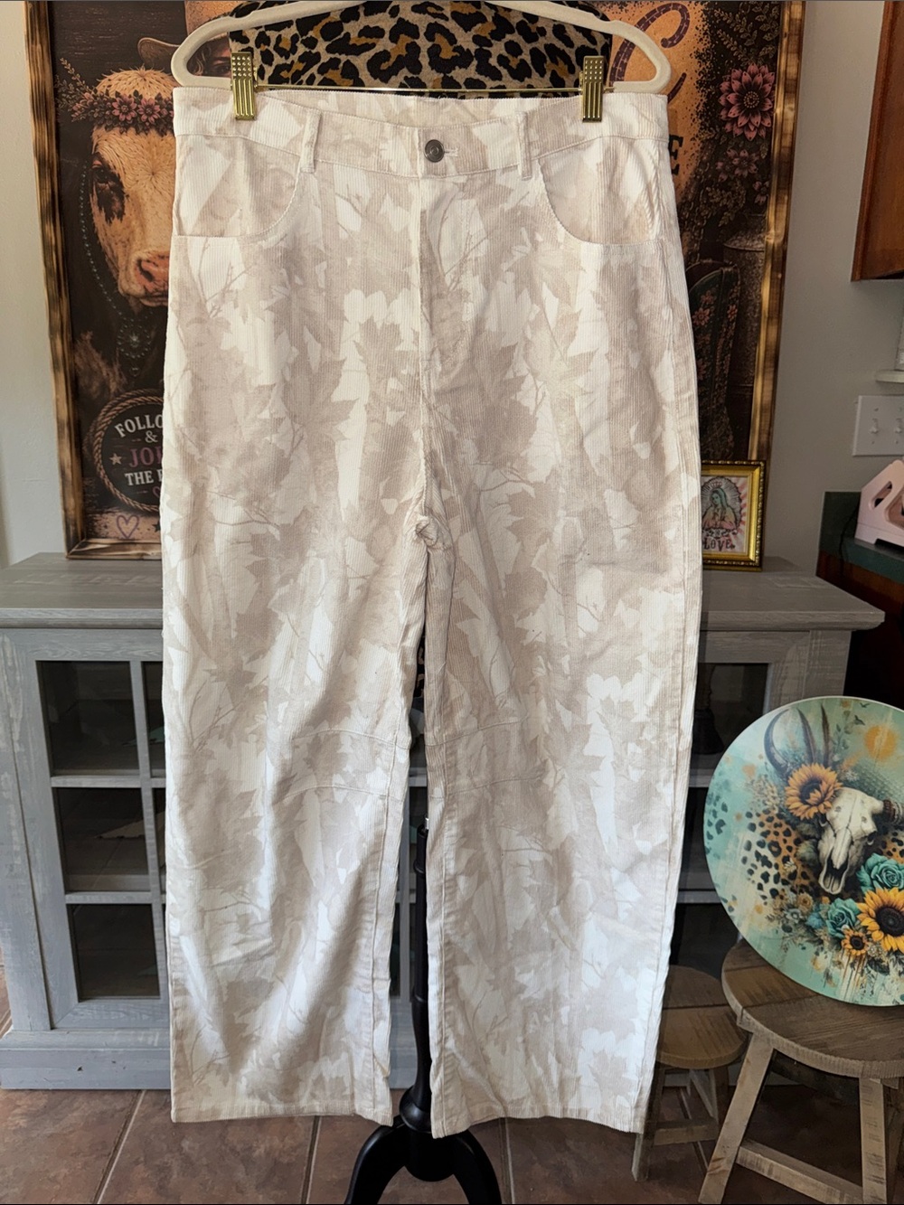 PEACH LOVE California Beige Floral Baby Bells Wide Leg Boho Pant Size Large